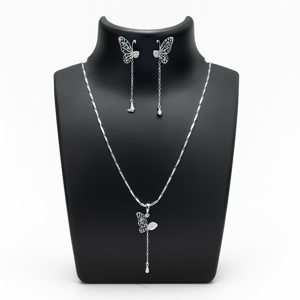 925 Sterling Silver Butterfly Necklace & Earrings Set