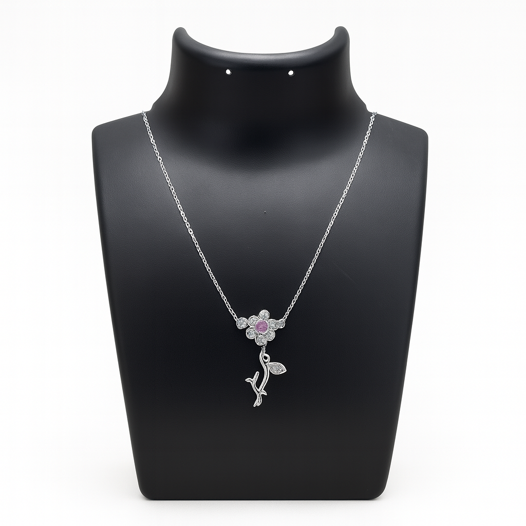 925 Sterling Silver Floral Pendant Necklace with Purple Stone
