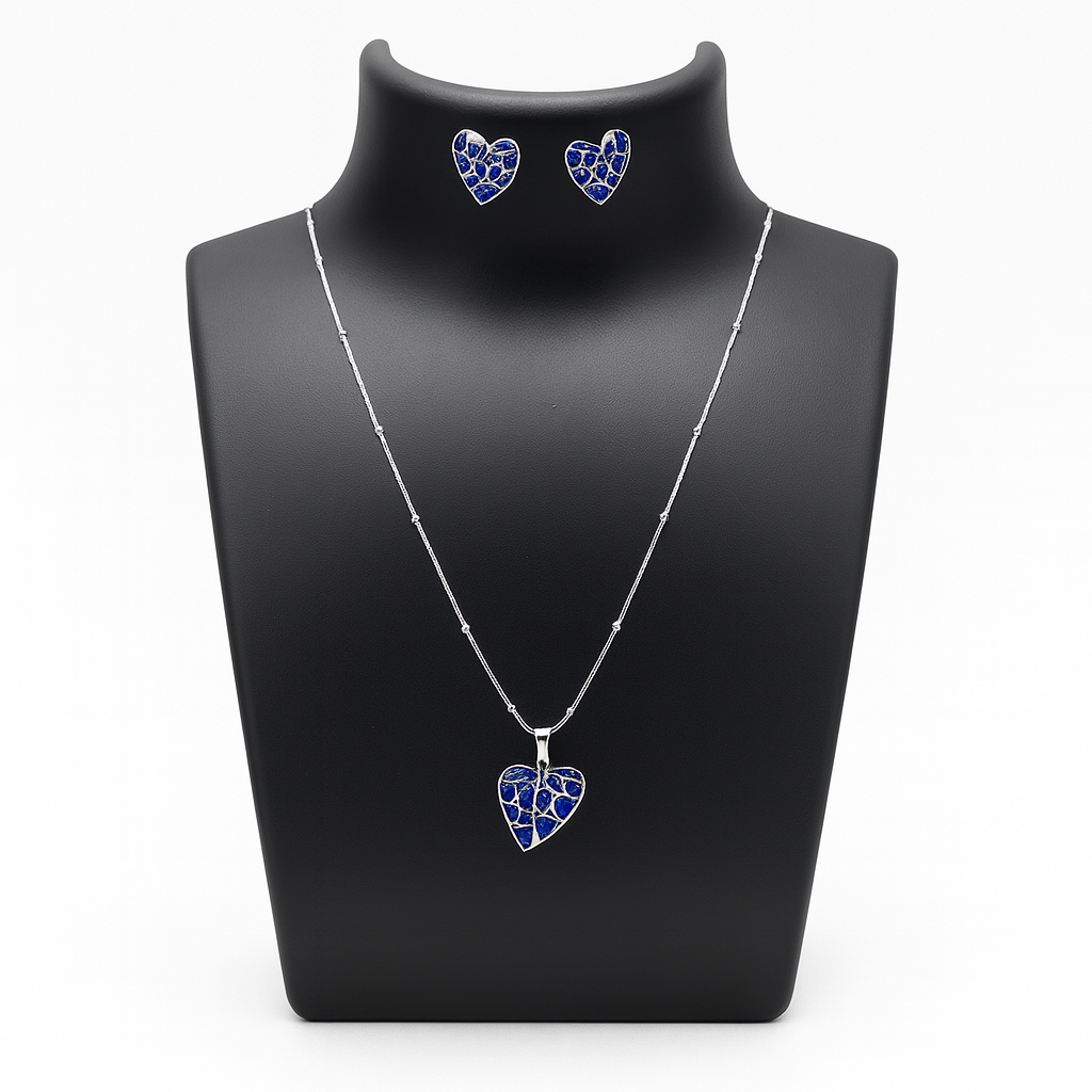 925 Sterling Silver Blue Heart Pendant & Earrings Set