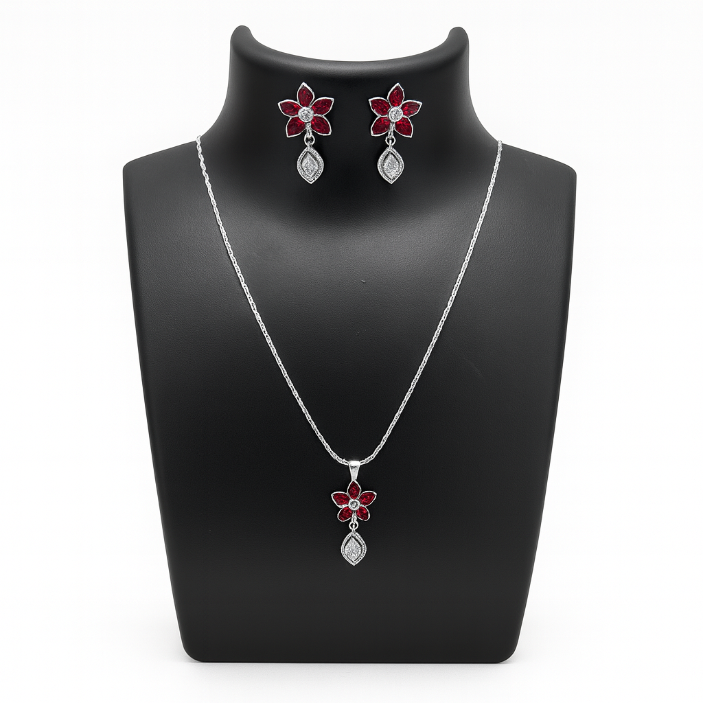 925 Sterling Silver Red Floral Pendant & Earrings Set