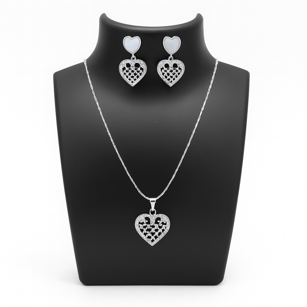 925 Sterling Silver Dual Heart Pendant & Earrings Set