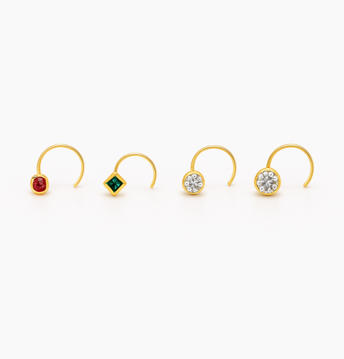 18K Gold Nose Pin Combo – Ruby, Emerald & CZ Stones (Set of 4)