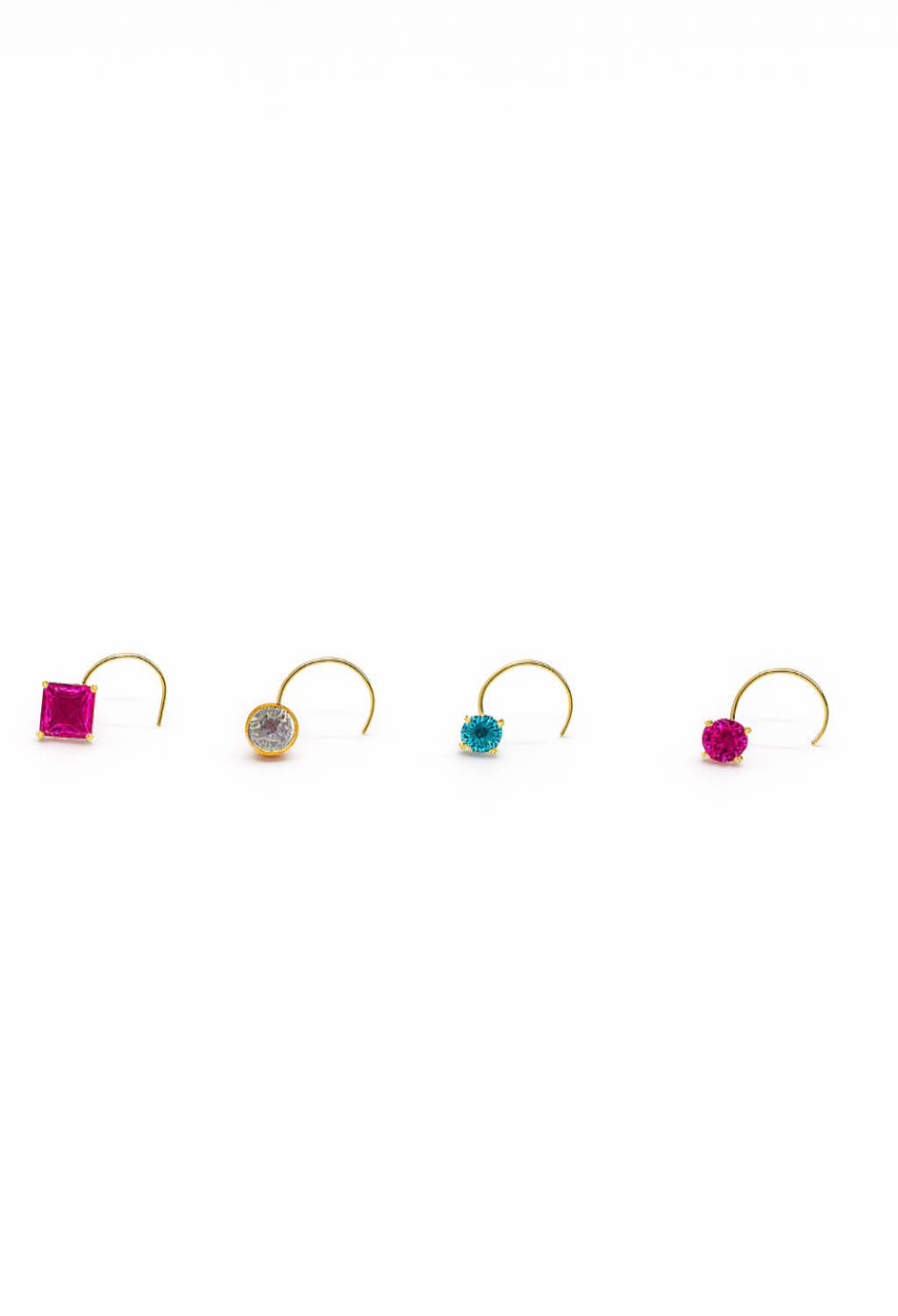 18K Gold Nose Pin Combo – Pink Sapphire, White CZ & Blue Topaz (Set of 4)