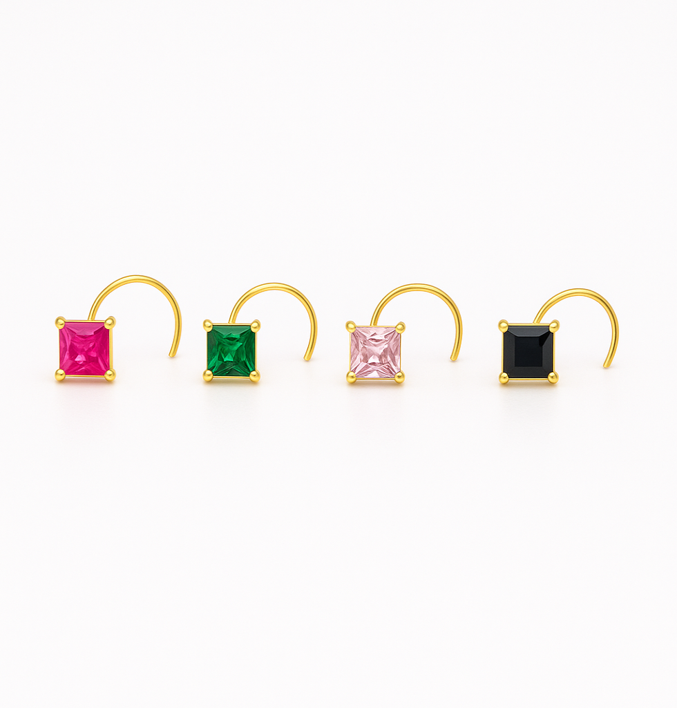 18K Gold Nose Pin Combo – Pink, Green, Light Pink & Black Square Stones (Set of 4)