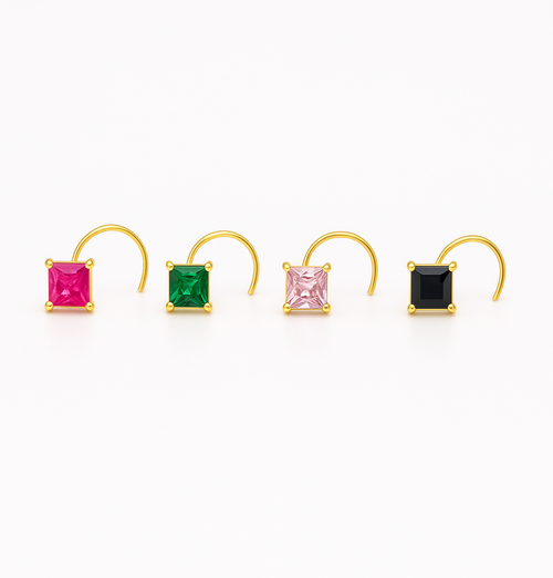 18K Gold Nose Pin Combo – Pink, Green, Light Pink & Black Square Stones (Set of 4)
