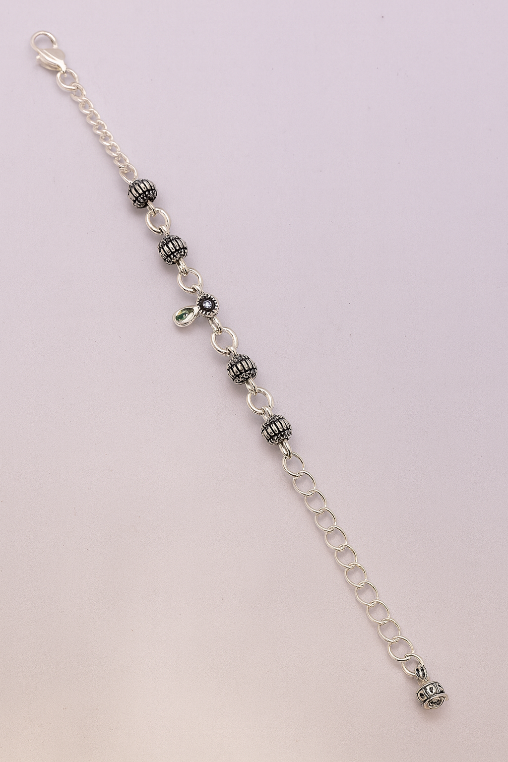 925 Sterling Silver Oxidized Beads Bracelet with Green Charms