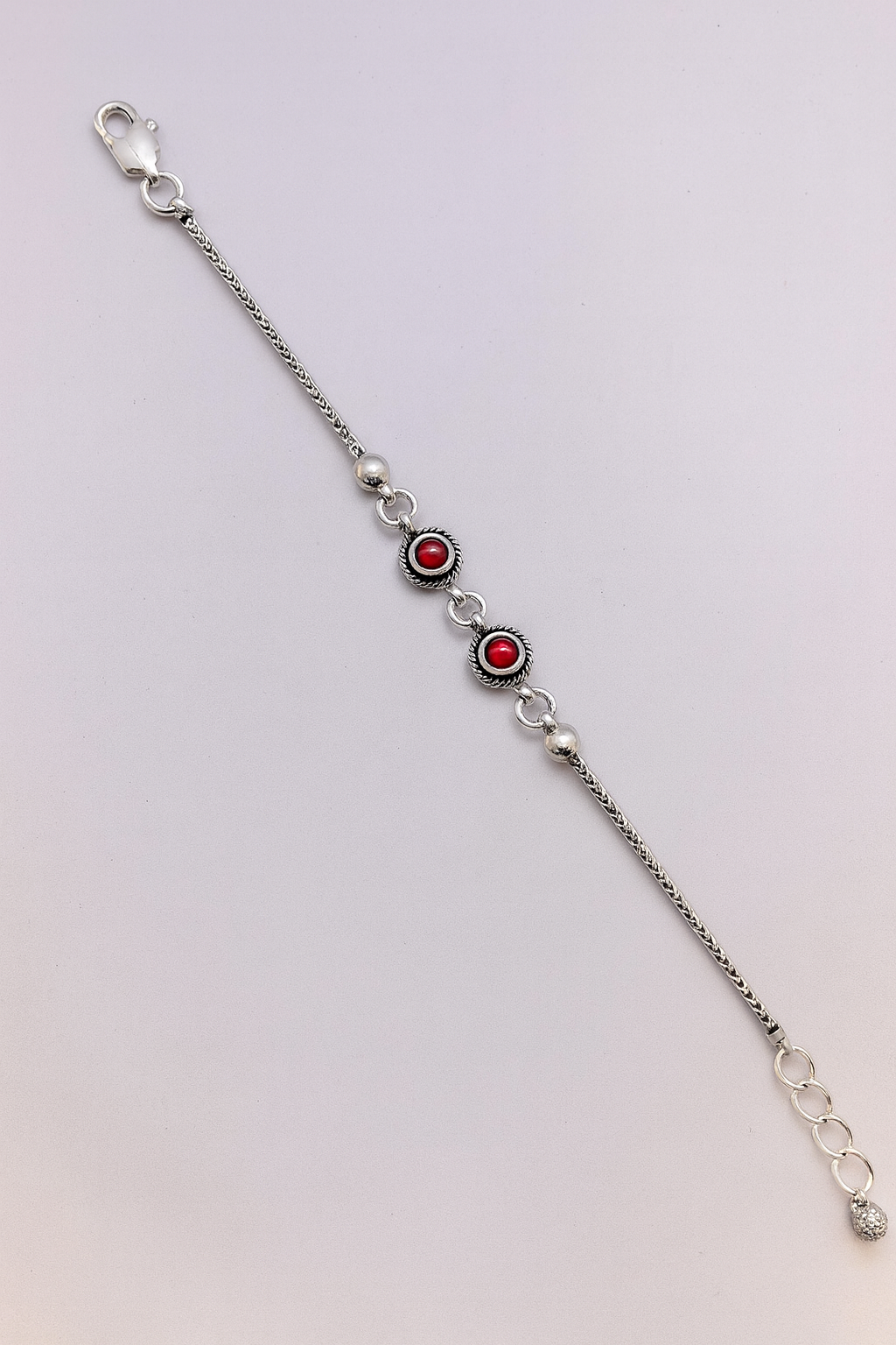 925 Sterling Silver Women’s Bracelet with Red Stone Charms