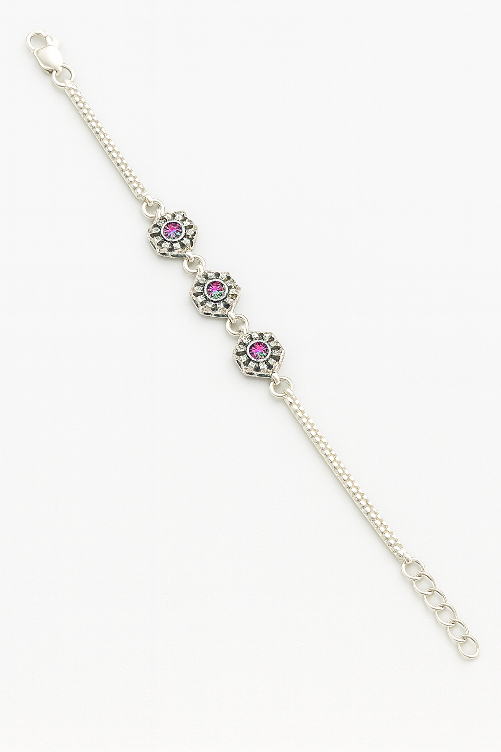 Elegant Sterling Silver Bracelet with Floral Design & Pink-Green Stone