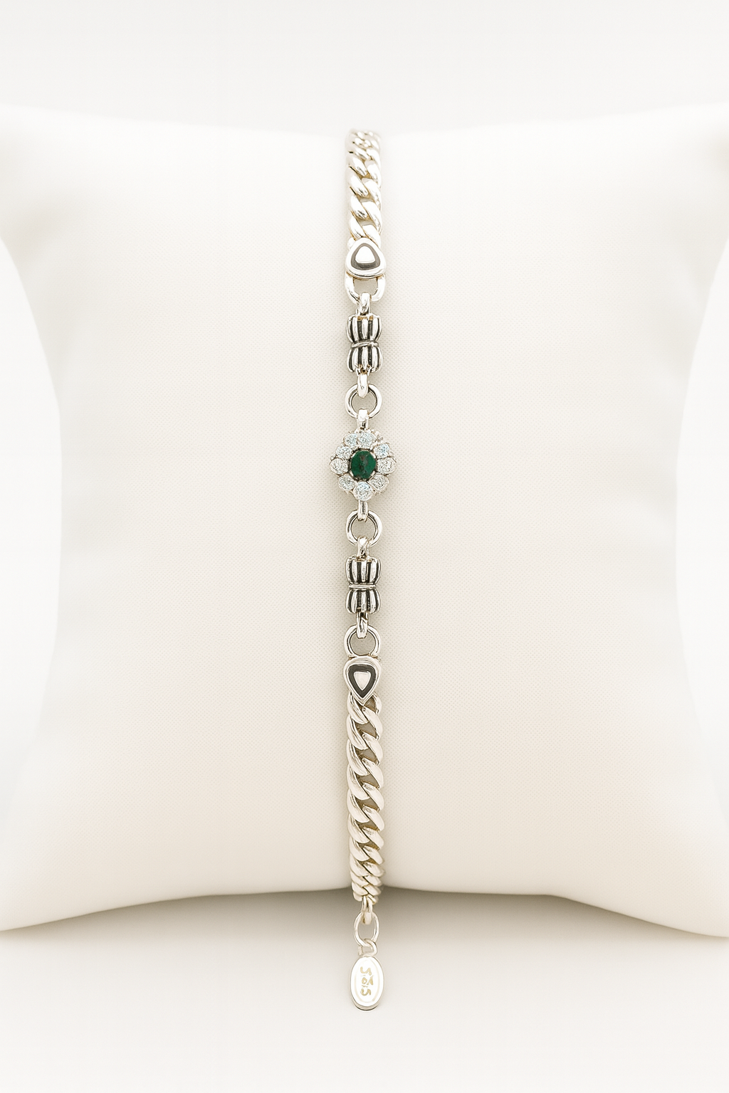 925 Sterling Silver Bracelet with Green Stone & Designer Links