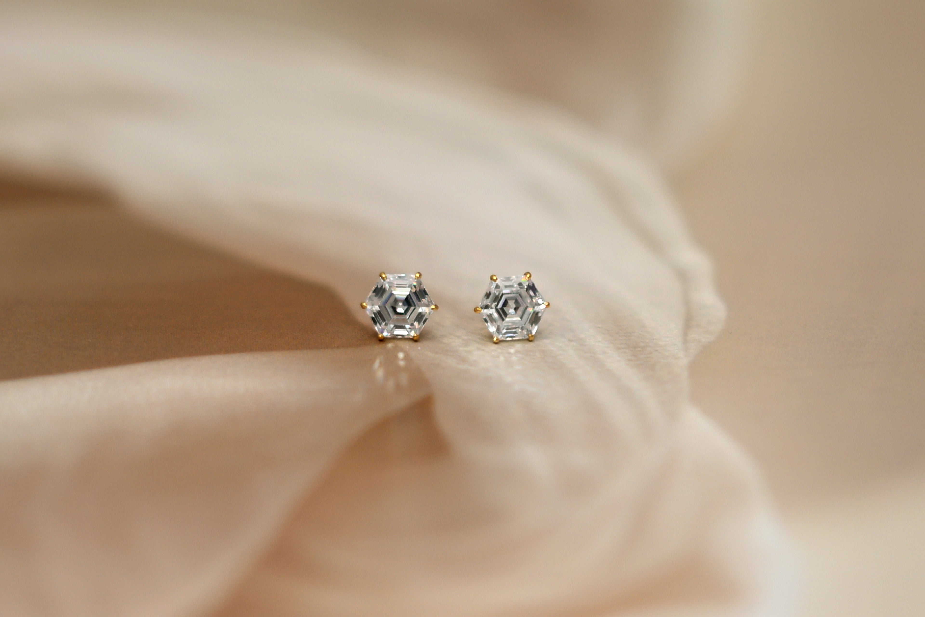 Hexagon-Cut Solitaire Gold Stud Earrings