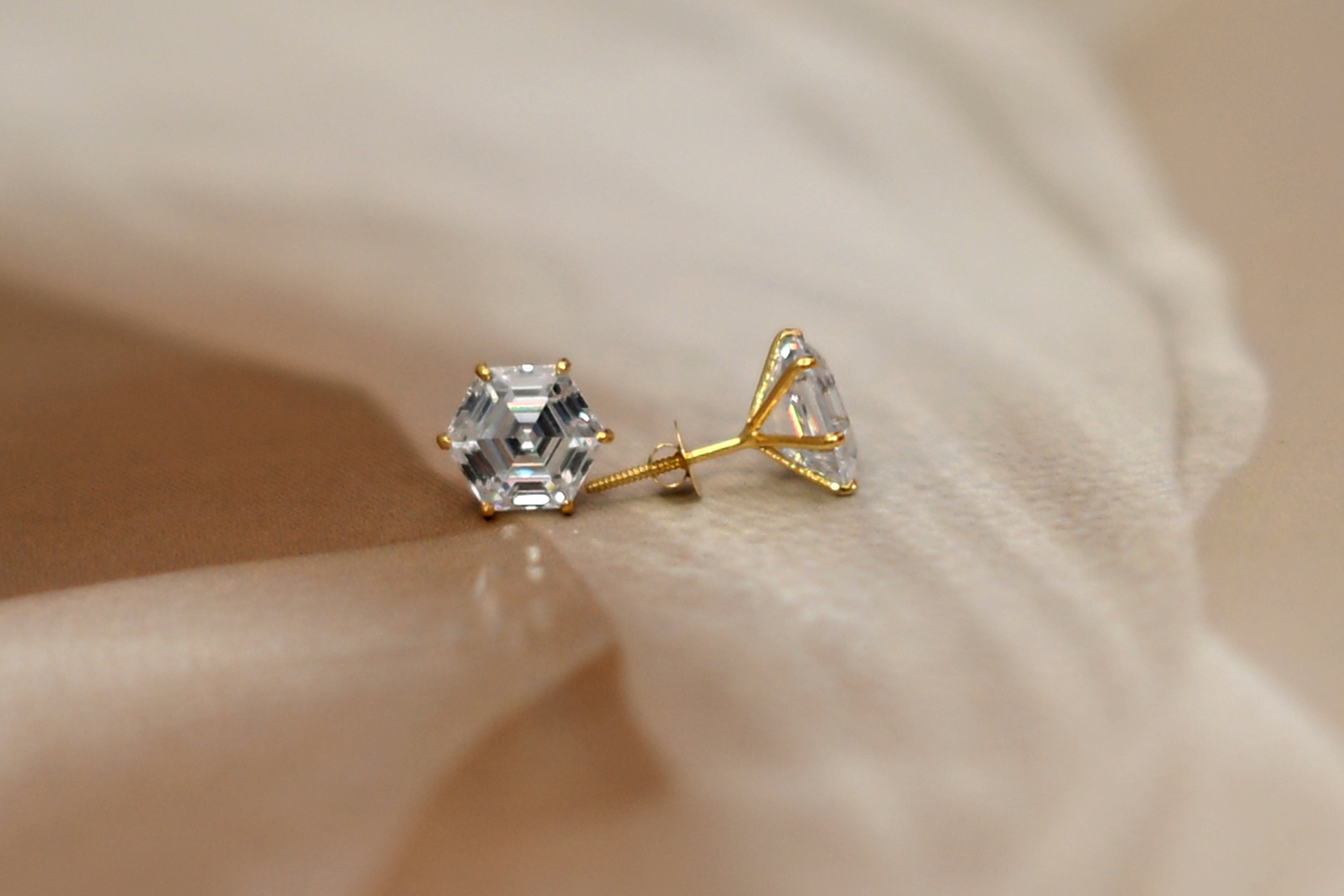 Hexagon-Cut Solitaire Gold Stud Earrings