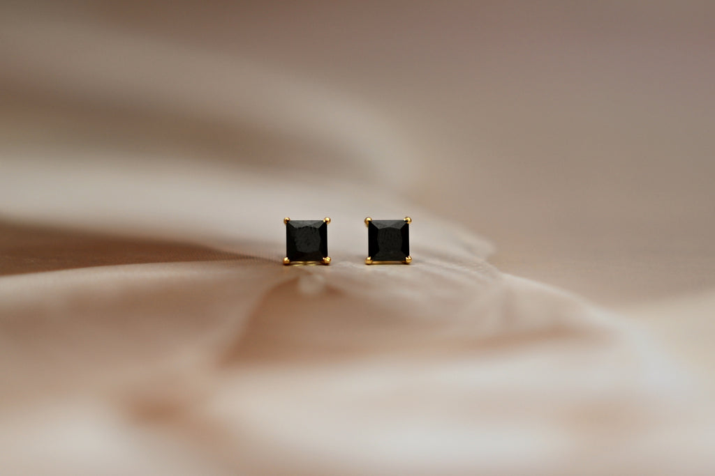 Black Onyx Square Gold Stud Earrings