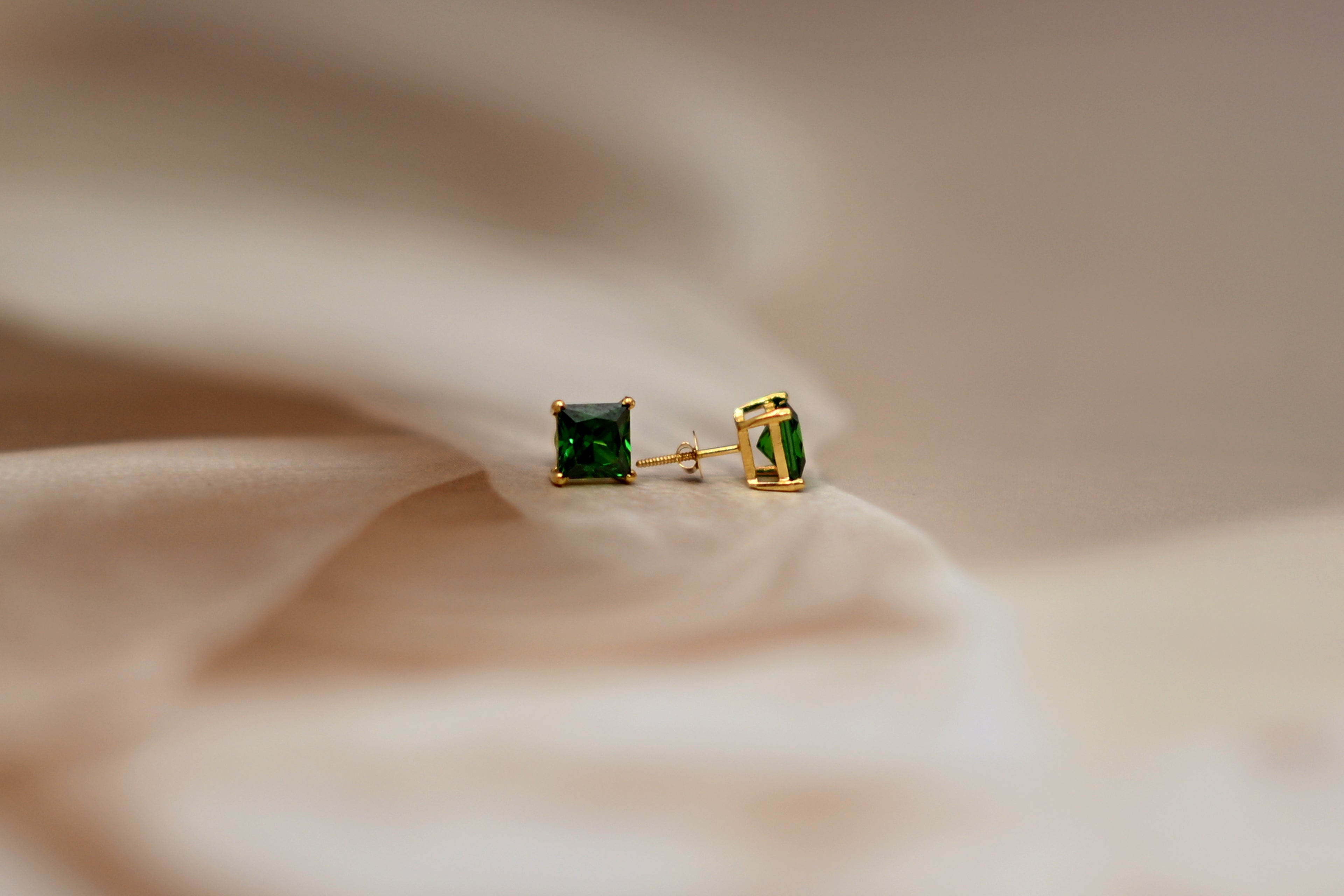 Emerald Green Square-Cut Gold Stud Earrings