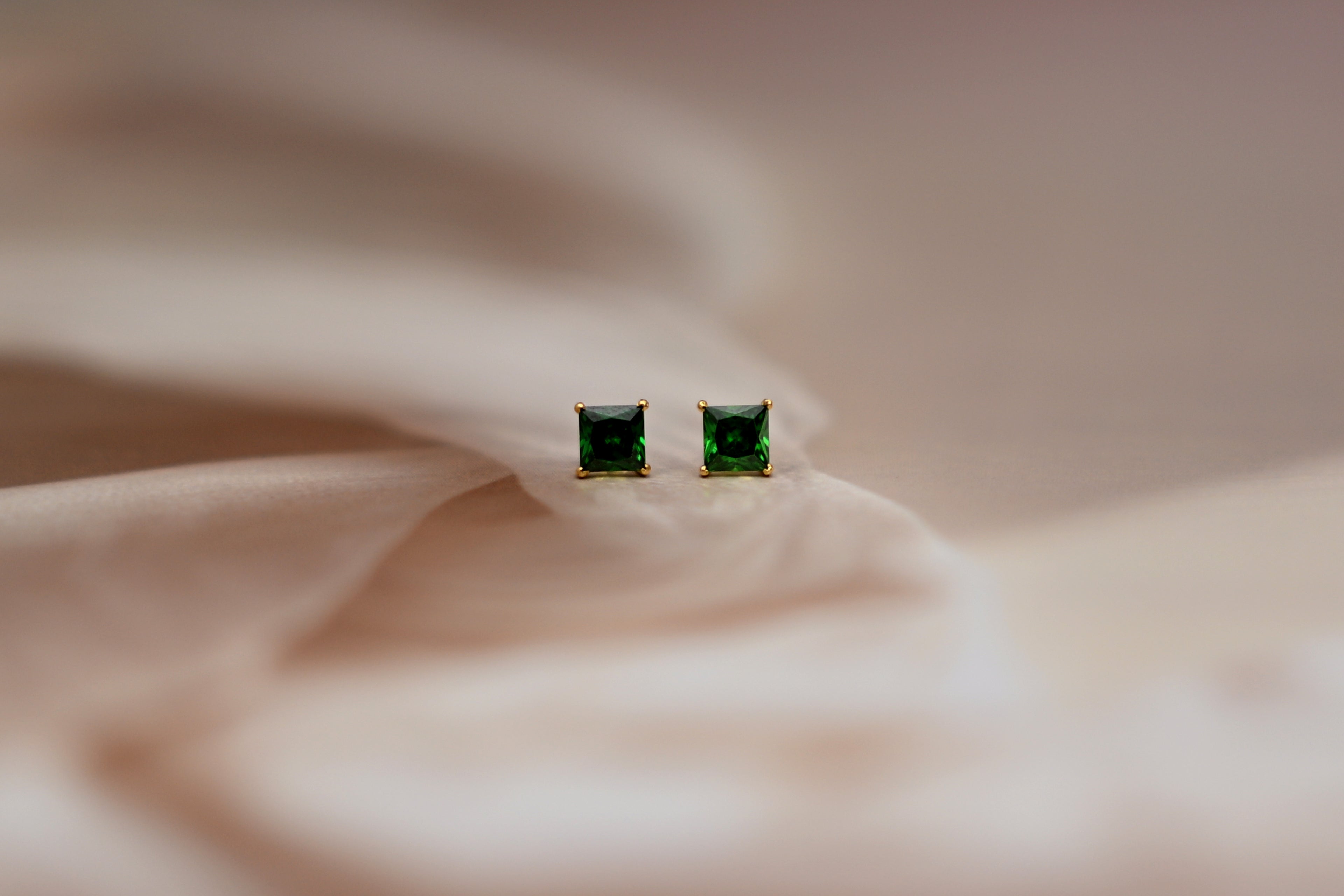 Emerald Green Square-Cut Gold Stud Earrings