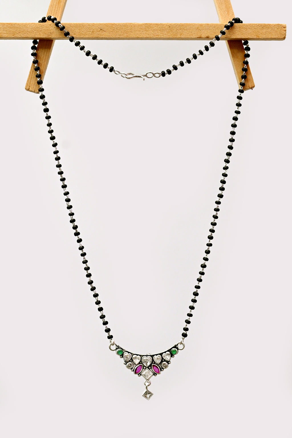 925 Silver Heart Motif Mangalsutra with Kundan & Stone Pendant