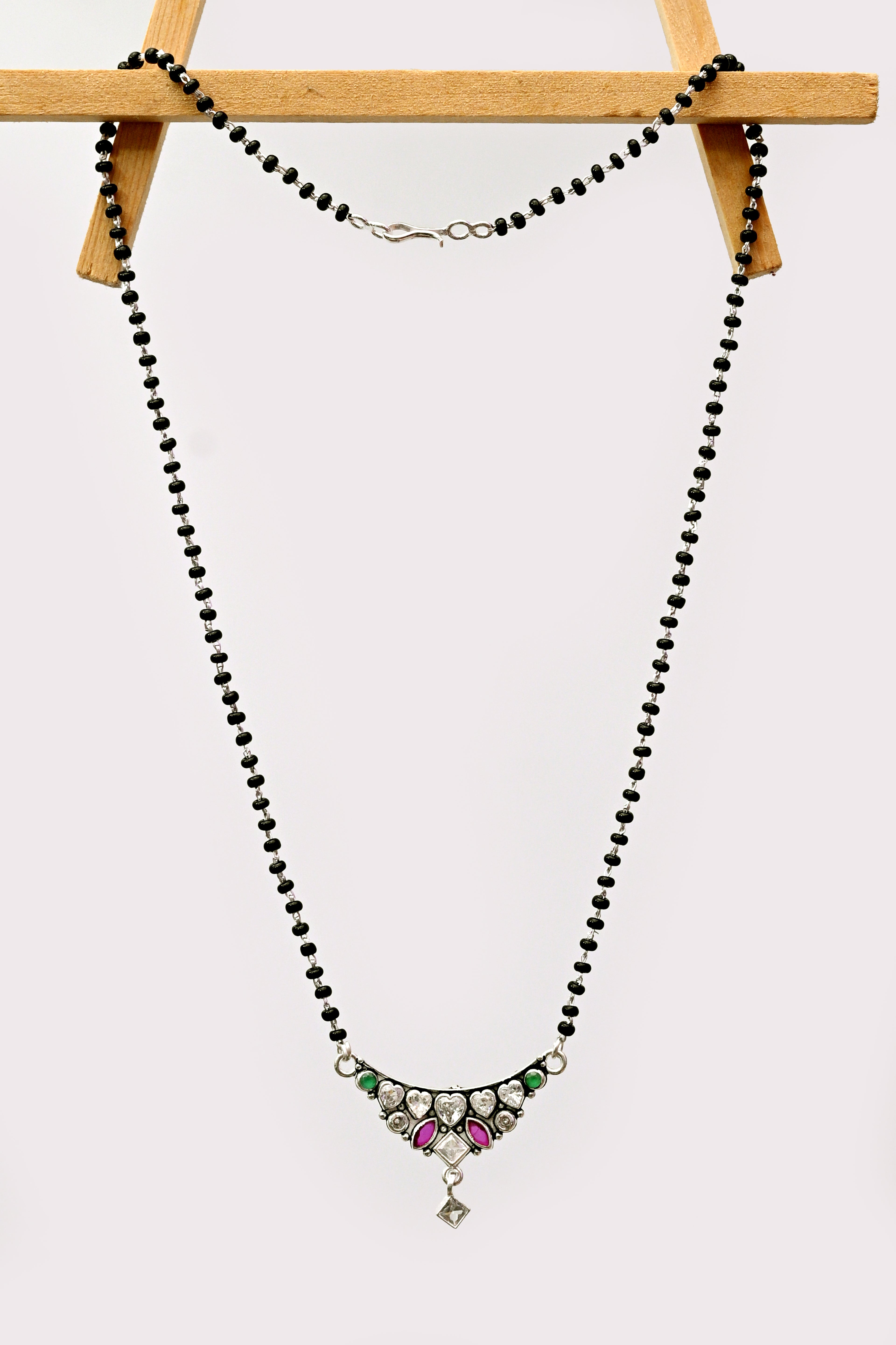 925 Silver Heart Motif Mangalsutra with Kundan & Stone Pendant