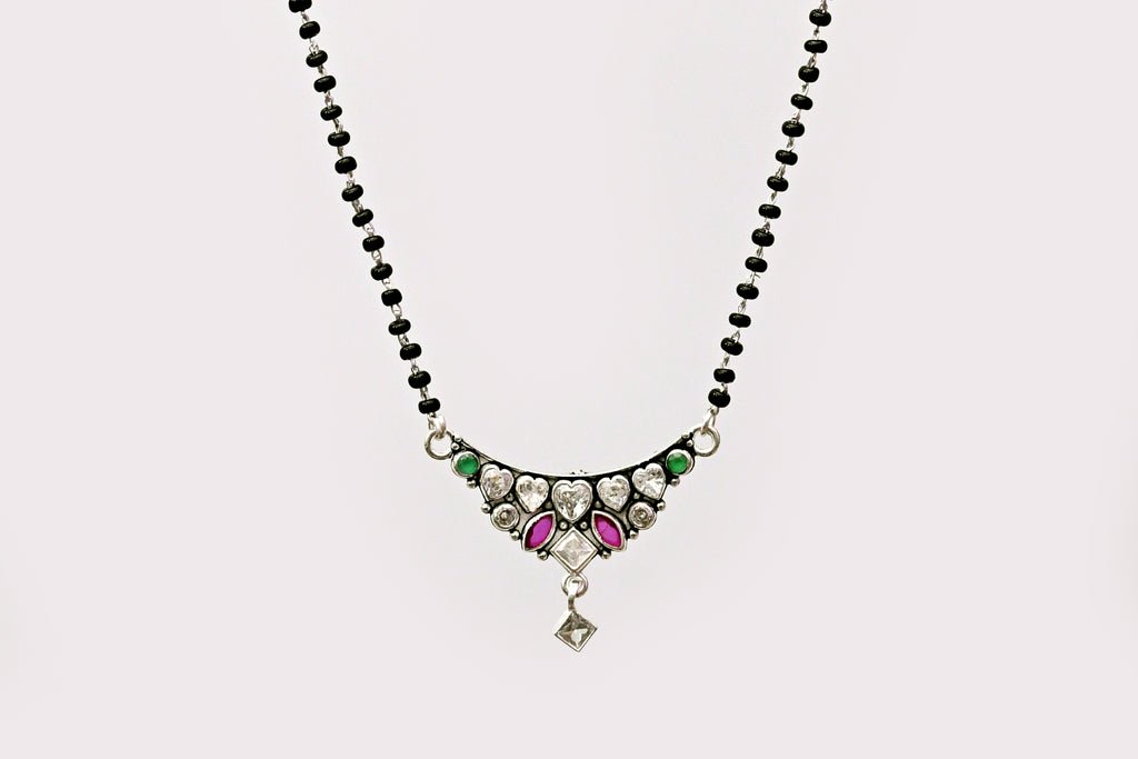 925 Silver Heart Motif Mangalsutra with Kundan & Stone Pendant