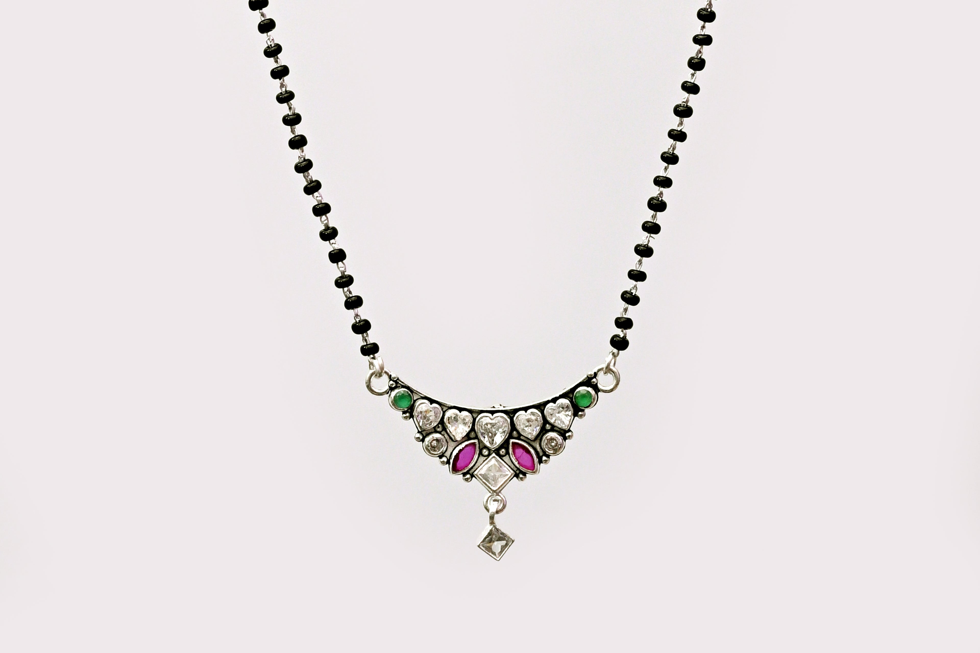 925 Silver Heart Motif Mangalsutra with Kundan & Stone Pendant