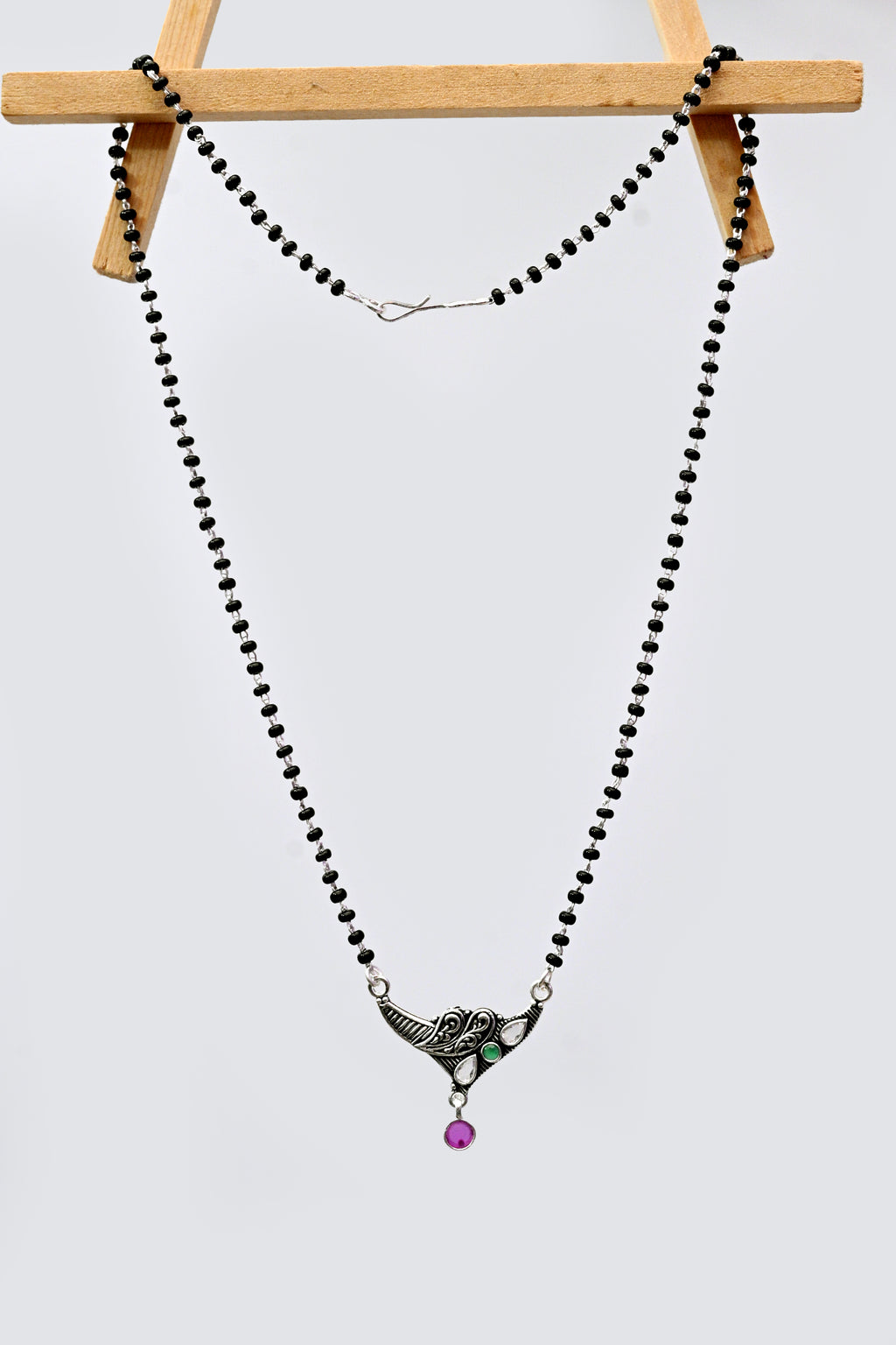 925 Silver Antique Mangalsutra with Green & Purple Stone Pendant