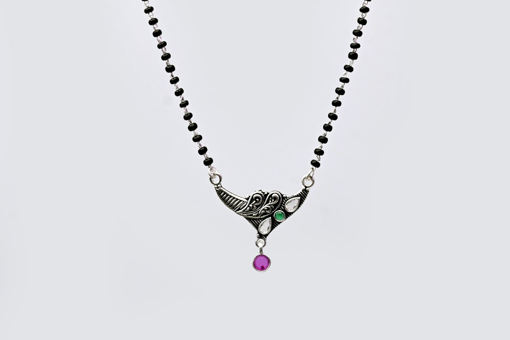 925 Silver Antique Mangalsutra with Green & Purple Stone Pendant