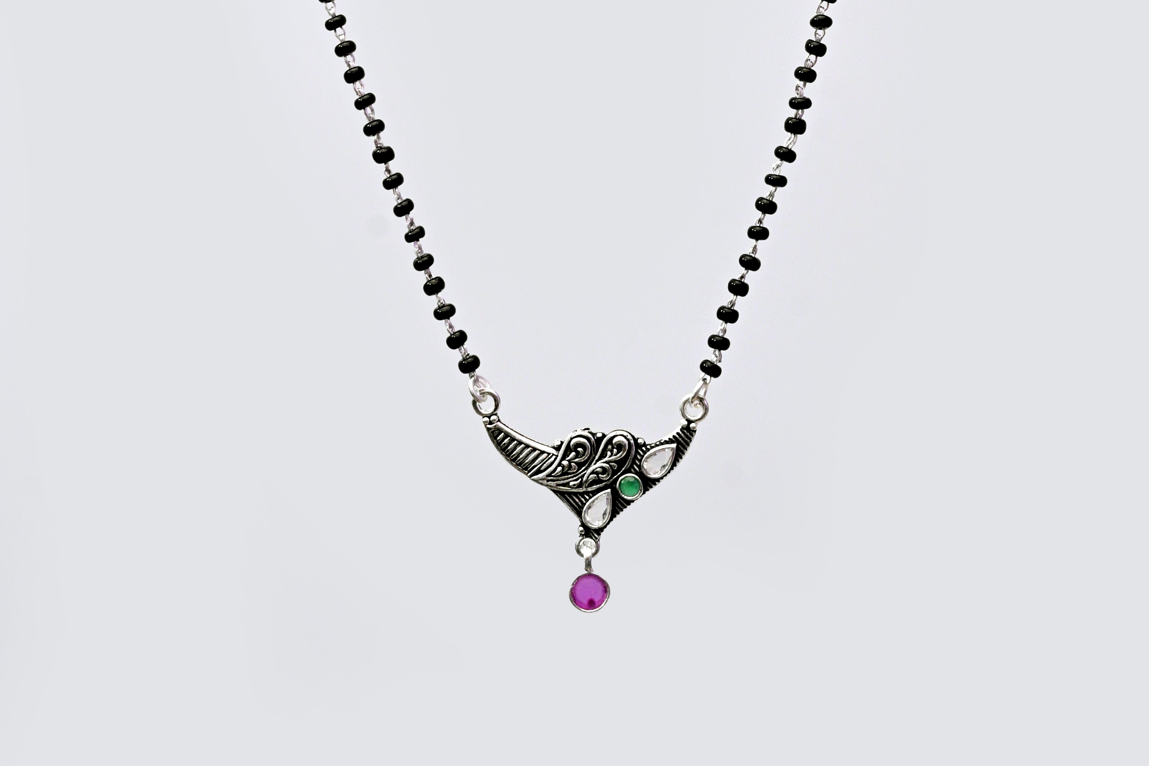 925 Silver Antique Mangalsutra with Green & Purple Stone Pendant