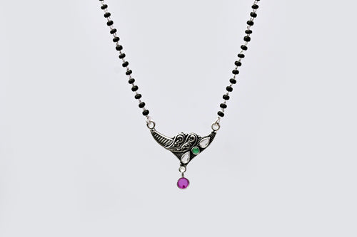 925 Silver Antique Mangalsutra with Green & Purple Stone Pendant