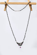 925 Silver Heart Design Antique Mangalsutra with Green & Pink Stones
