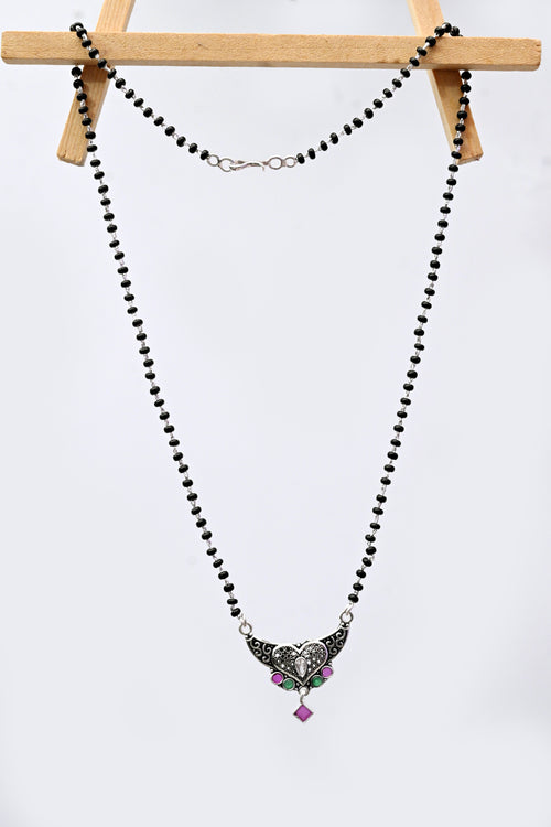 925 Silver Heart Design Antique Mangalsutra with Green & Pink Stones