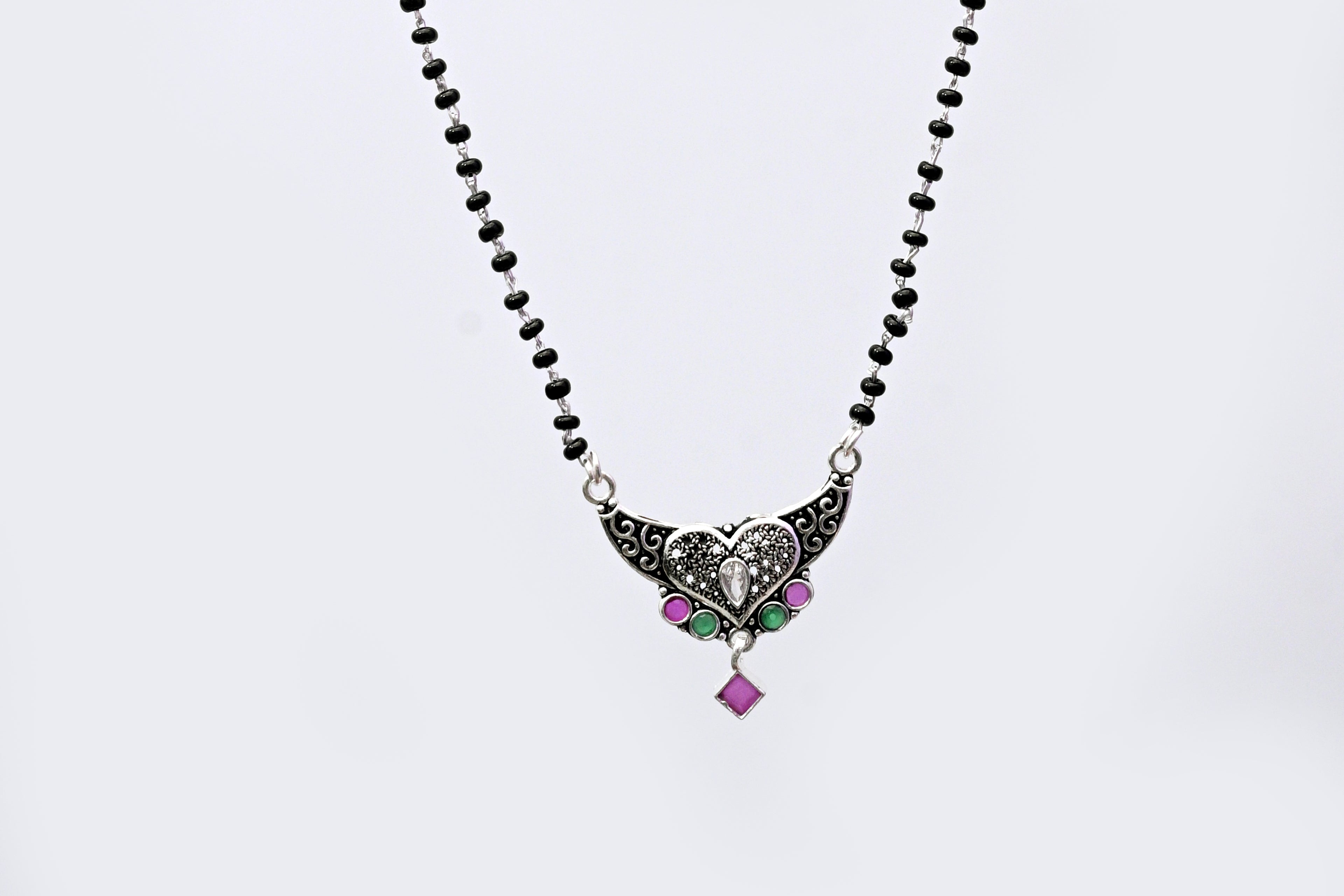 925 Silver Heart Design Antique Mangalsutra with Green & Pink Stones