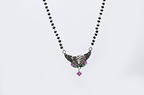 925 Silver Heart Design Antique Mangalsutra with Green & Pink Stones