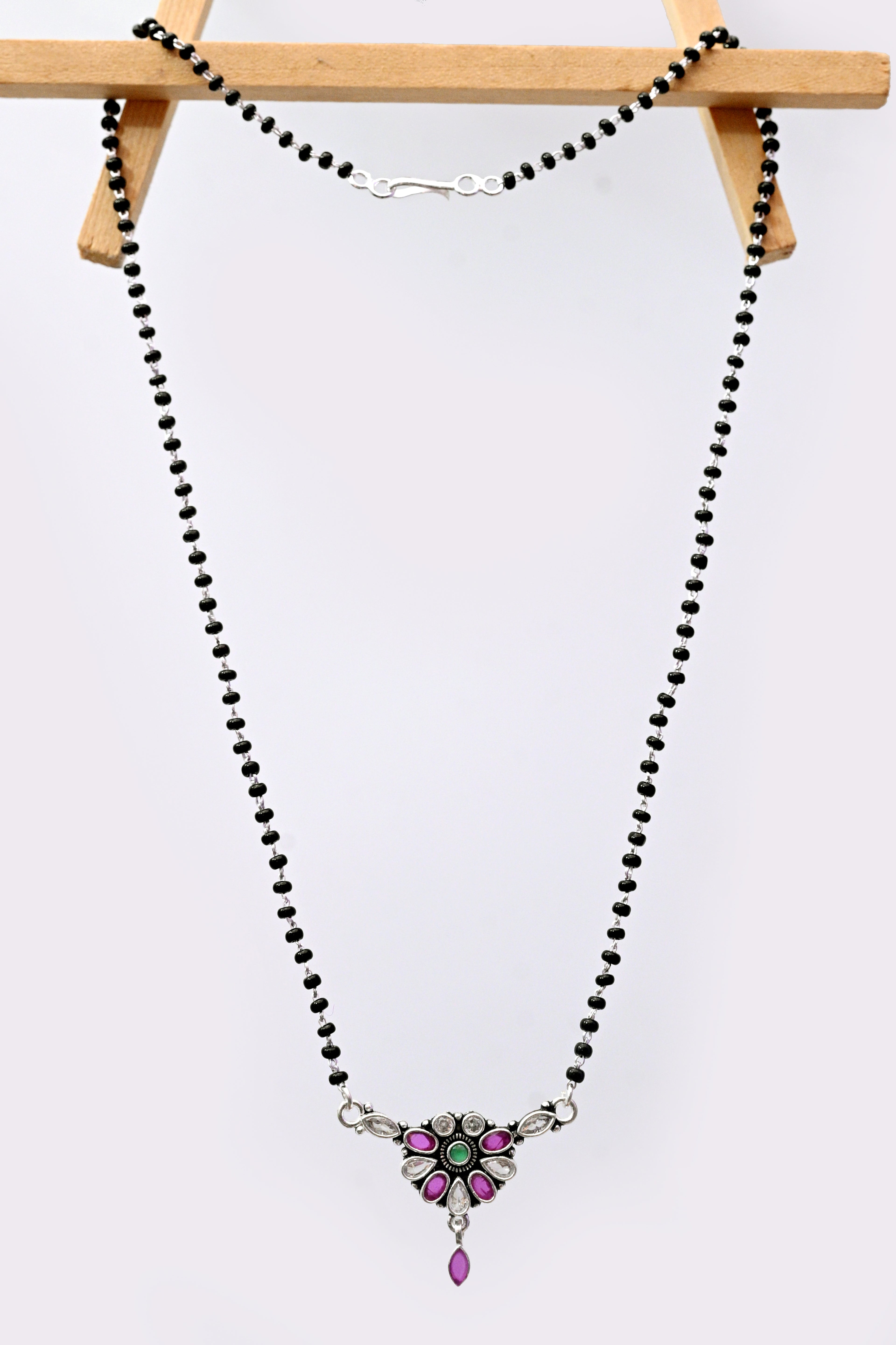 925 Silver Floral Mangalsutra with Pink & Green Stone Pendant