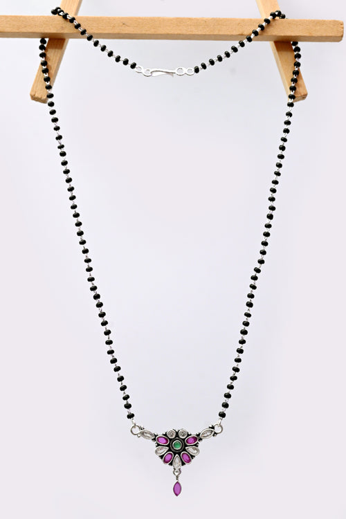 925 Silver Floral Mangalsutra with Pink & Green Stone Pendant