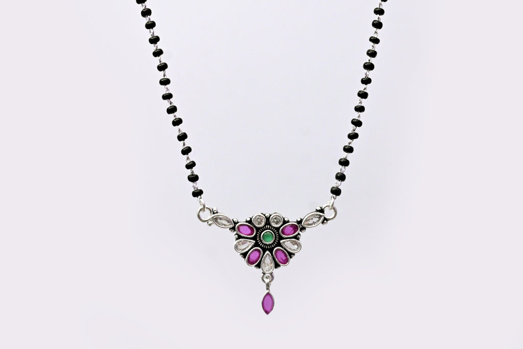 925 Silver Floral Mangalsutra with Pink & Green Stone Pendant