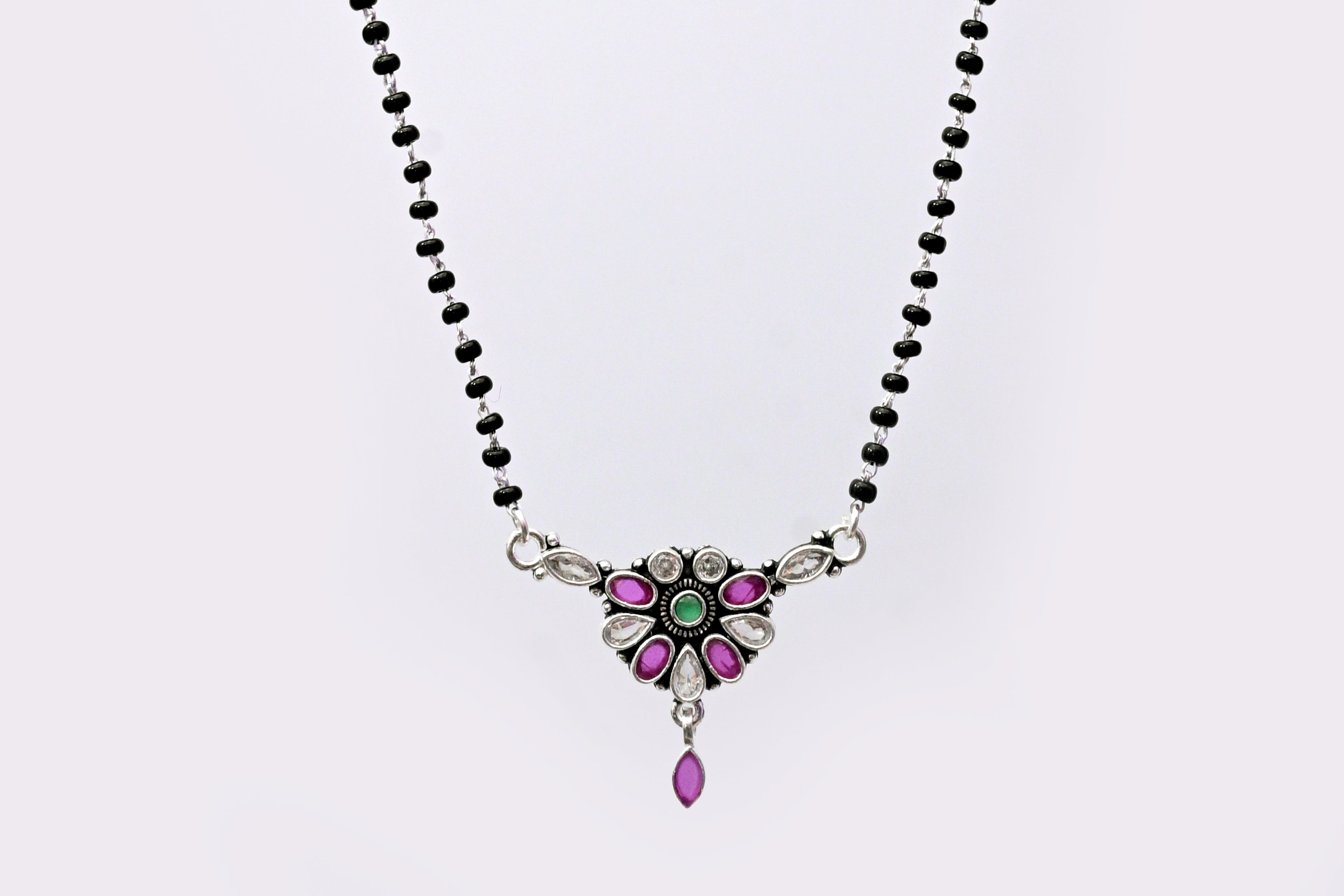 925 Silver Floral Mangalsutra with Pink & Green Stone Pendant