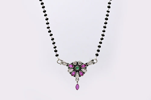 925 Silver Floral Mangalsutra with Pink & Green Stone Pendant