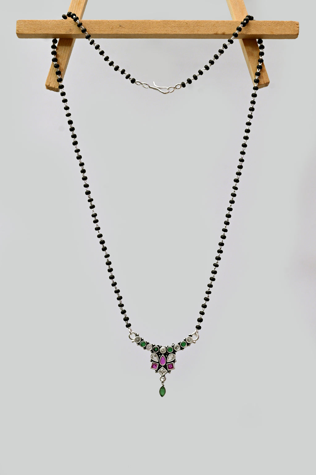 925 Silver Mangalsutra with Pink & Green Stone Pendant