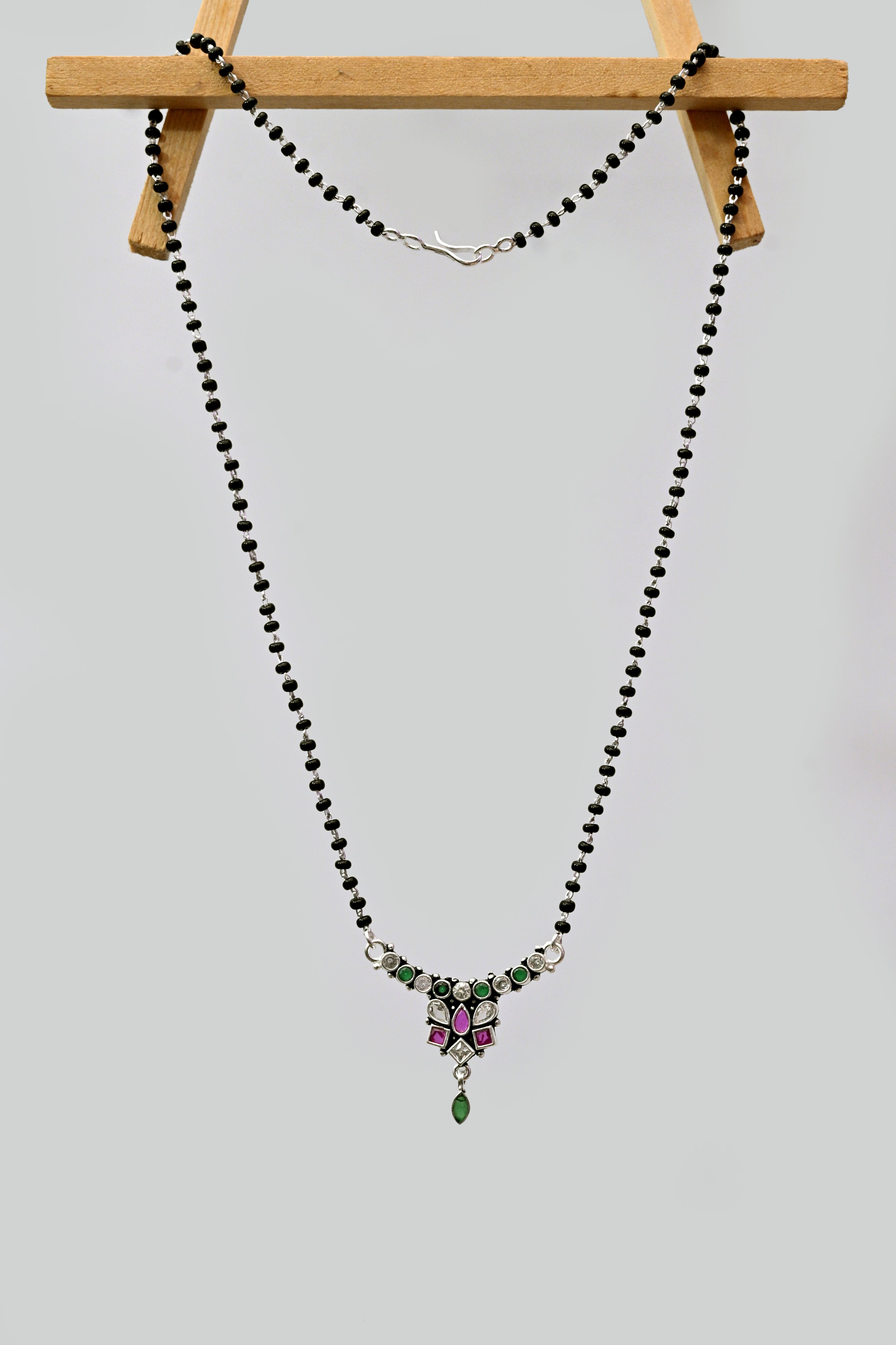 925 Silver Mangalsutra with Pink & Green Stone Pendant