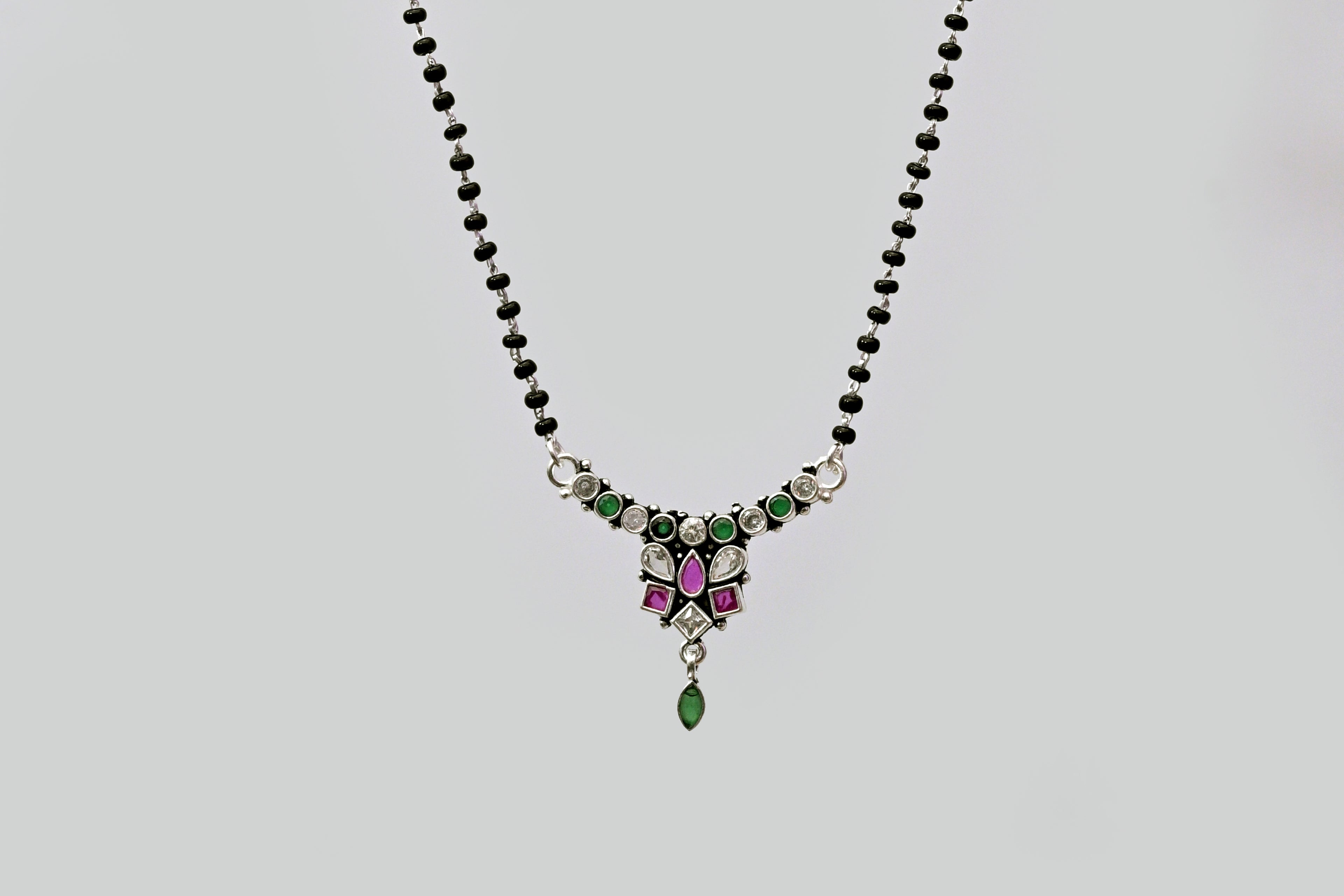 925 Silver Mangalsutra with Pink & Green Stone Pendant
