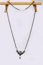 925 Silver Mangalsutra with Antique Floral Pendant & Green Drop