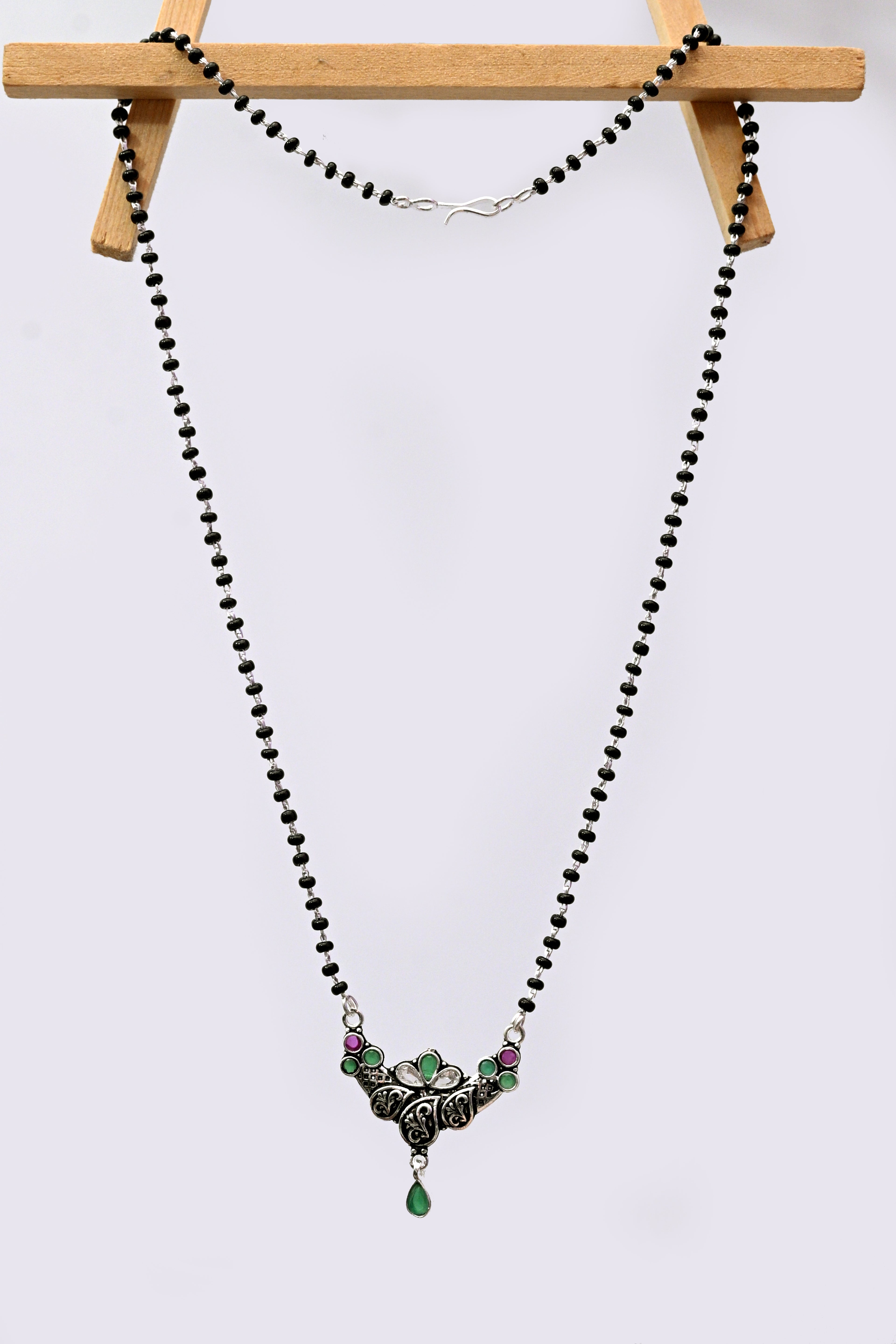925 Silver Mangalsutra with Antique Floral Pendant & Green Drop