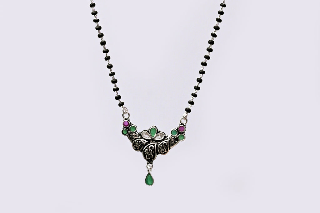 925 Silver Mangalsutra with Antique Floral Pendant & Green Drop