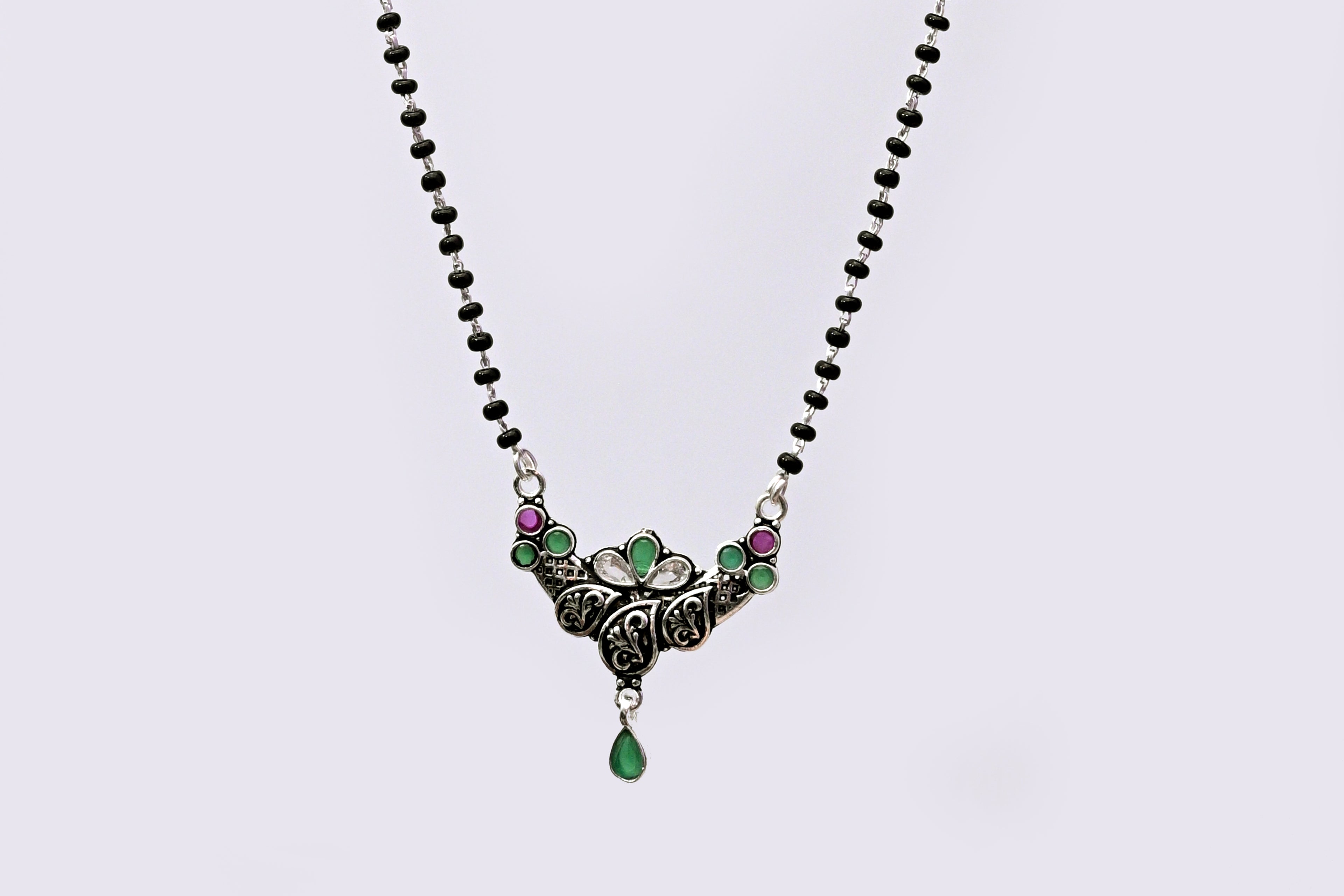 925 Silver Mangalsutra with Antique Floral Pendant & Green Drop