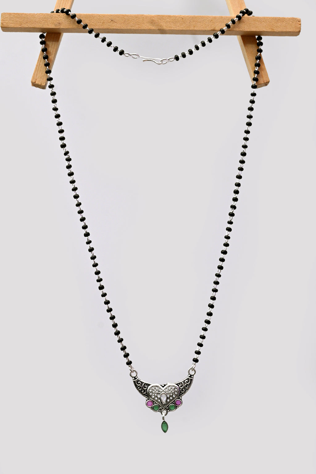 925 Silver Mangalsutra with Heart Motif Pendant & Green Drop Stone
