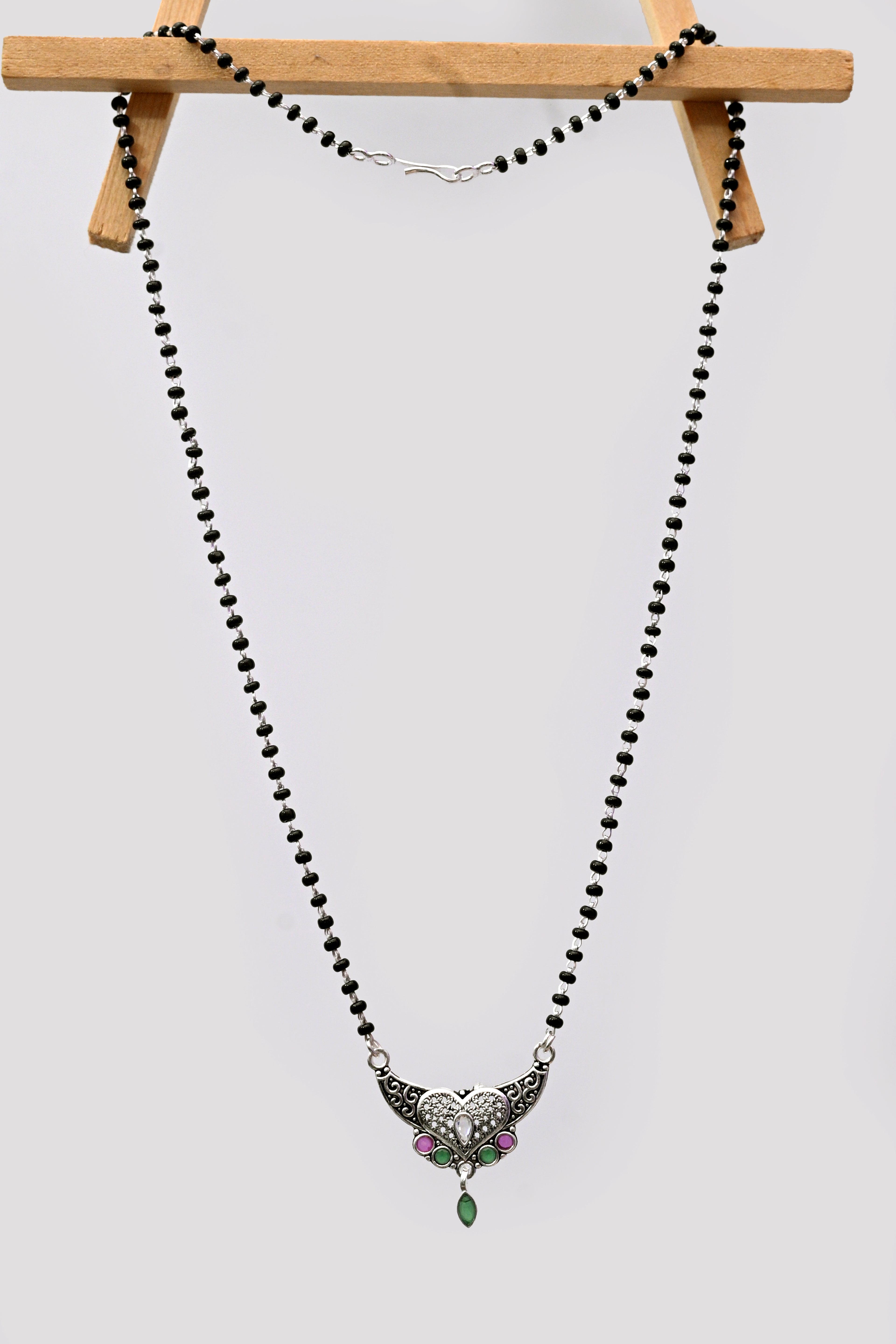 925 Silver Mangalsutra with Heart Motif Pendant & Green Drop Stone