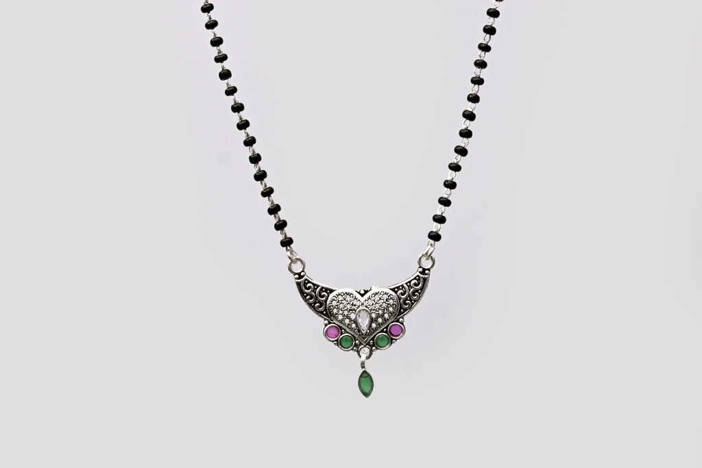 925 Silver Mangalsutra with Heart Motif Pendant & Green Drop Stone