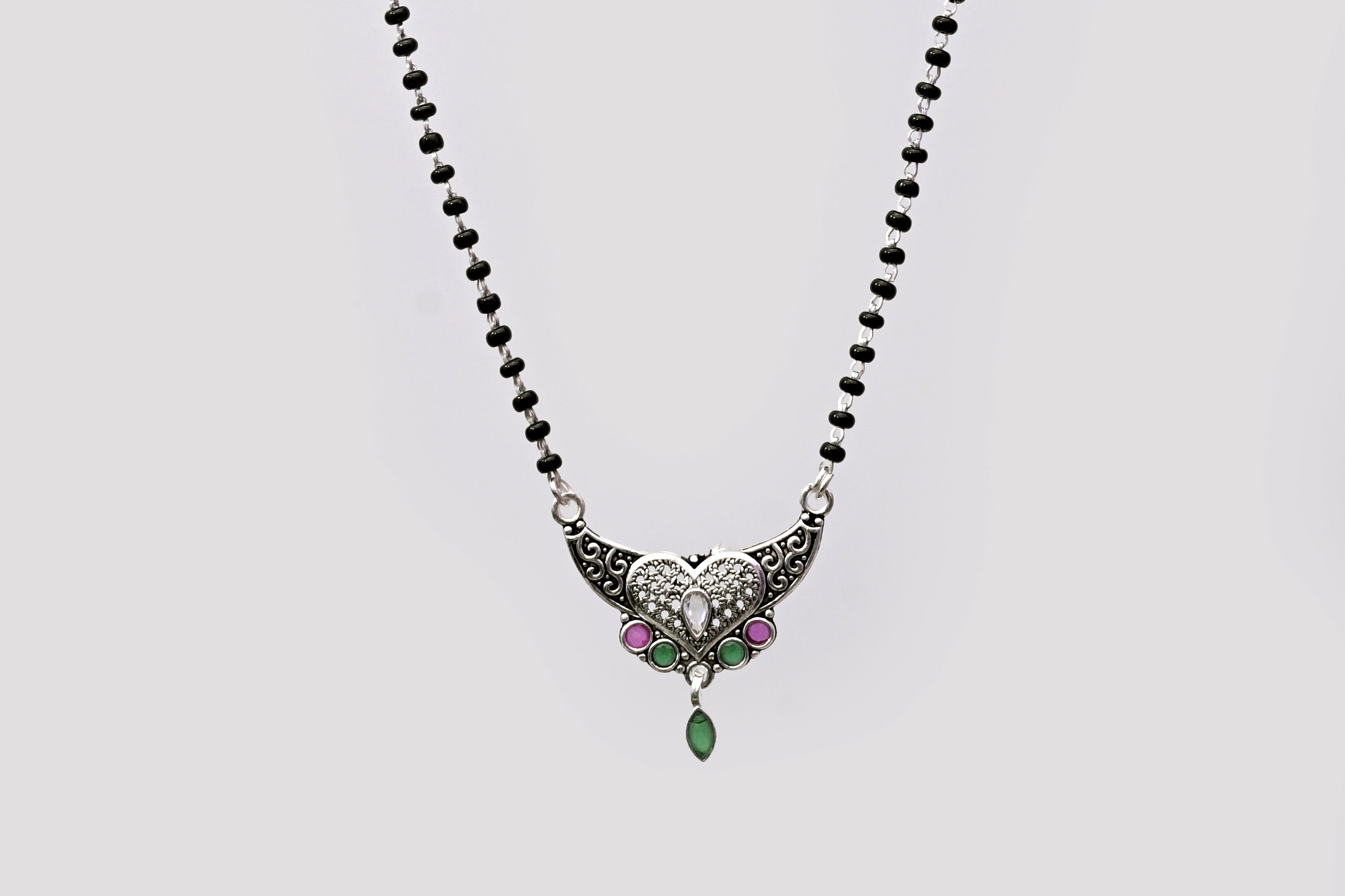 925 Silver Mangalsutra with Heart Motif Pendant & Green Drop Stone