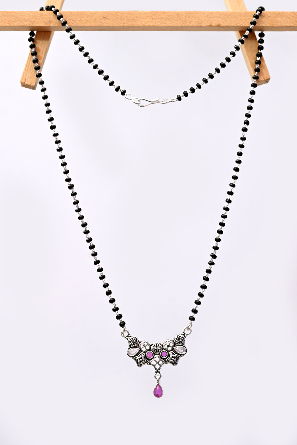 925 Silver Mangalsutra with Floral Pendant & Pink Stone Drop