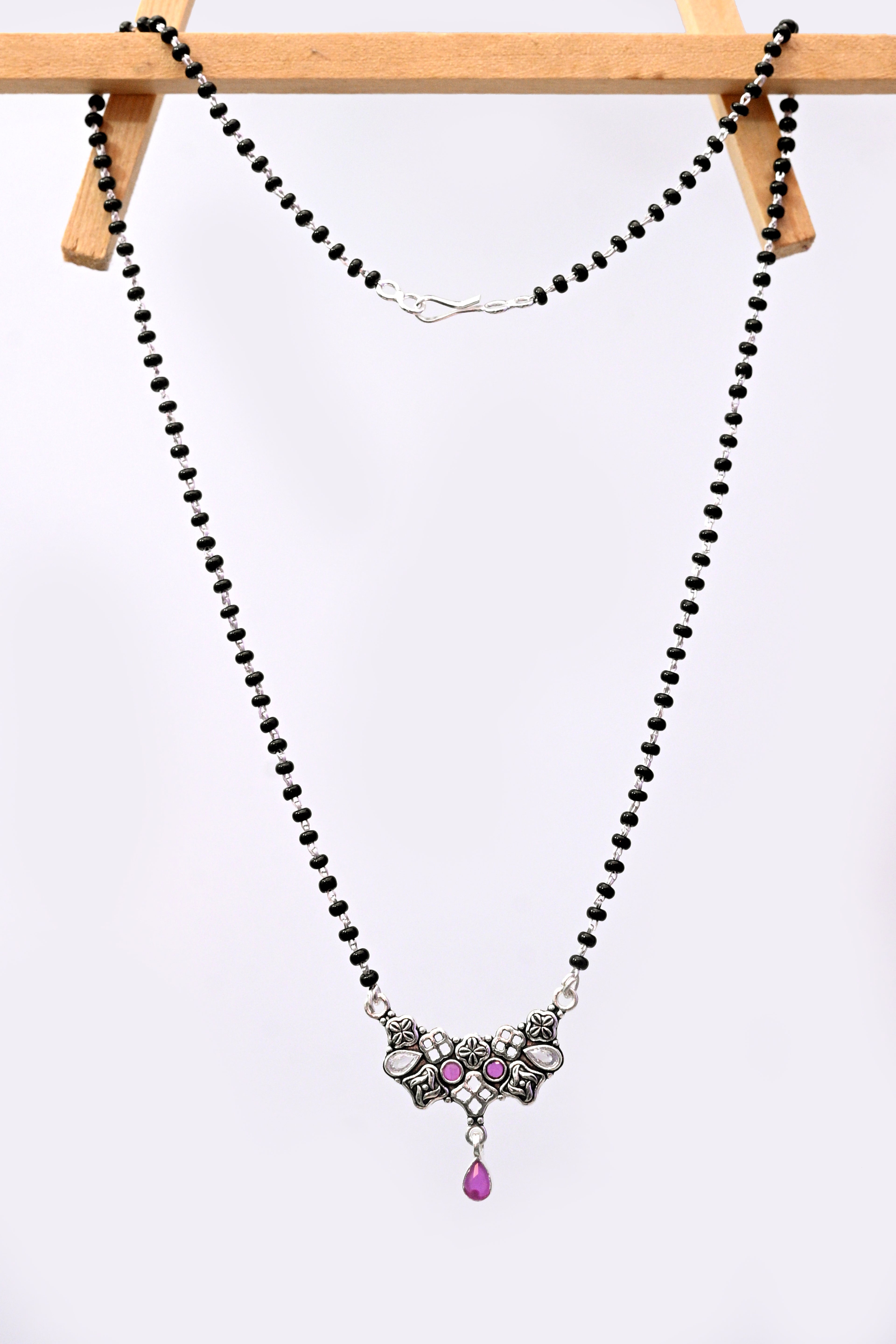 925 Silver Mangalsutra with Floral Pendant & Pink Stone Drop