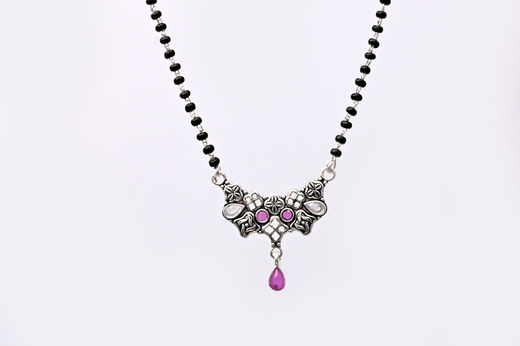 925 Silver Mangalsutra with Floral Pendant & Pink Stone Drop