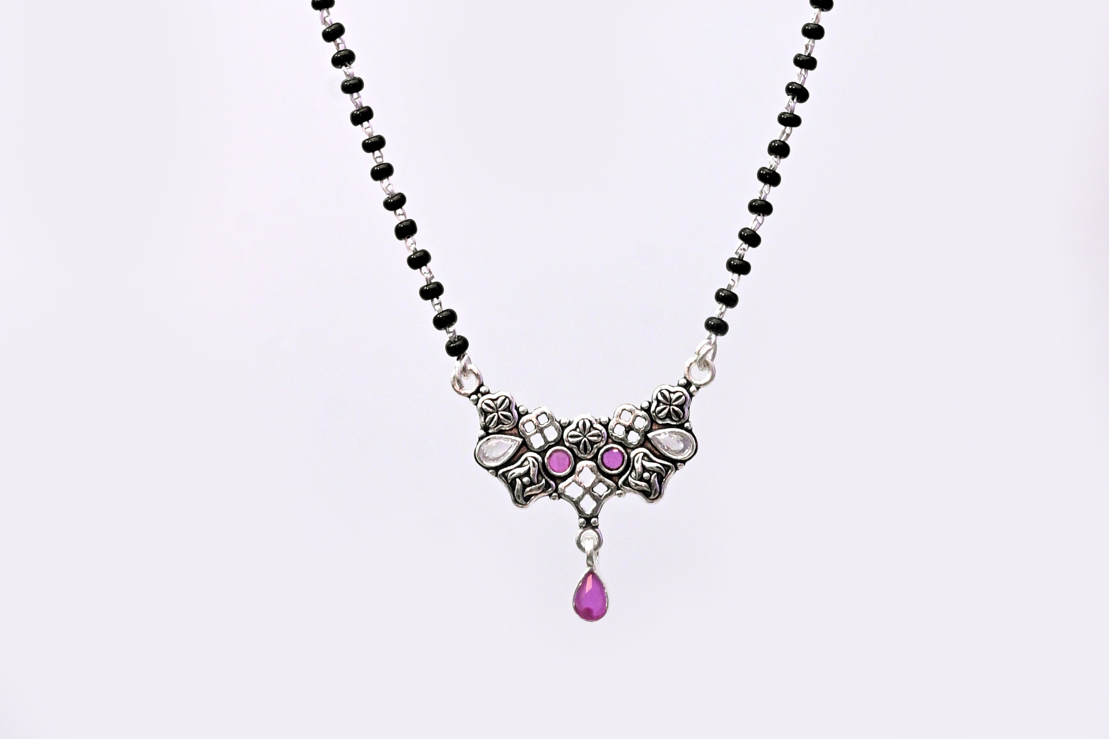 925 Silver Mangalsutra with Floral Pendant & Pink Stone Drop